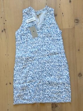 NWT Tommy Bahama Blue + White Coral Sleeveless 100% Linen/Cotton Shift Dress